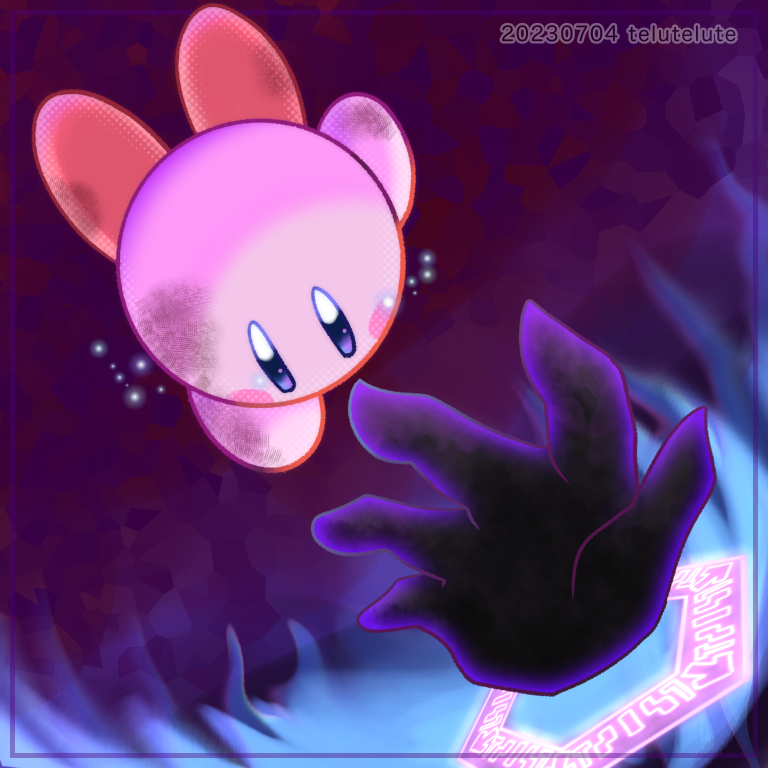 abstract_background airborne blush_stickers commentary_request dark_background dirty disembodied_limb fire kirby kirby's_return_to_dream_land kirby_(series) magic_circle magolor magolor_soul no_humans out_of_frame purple_background reaching tears telutelute