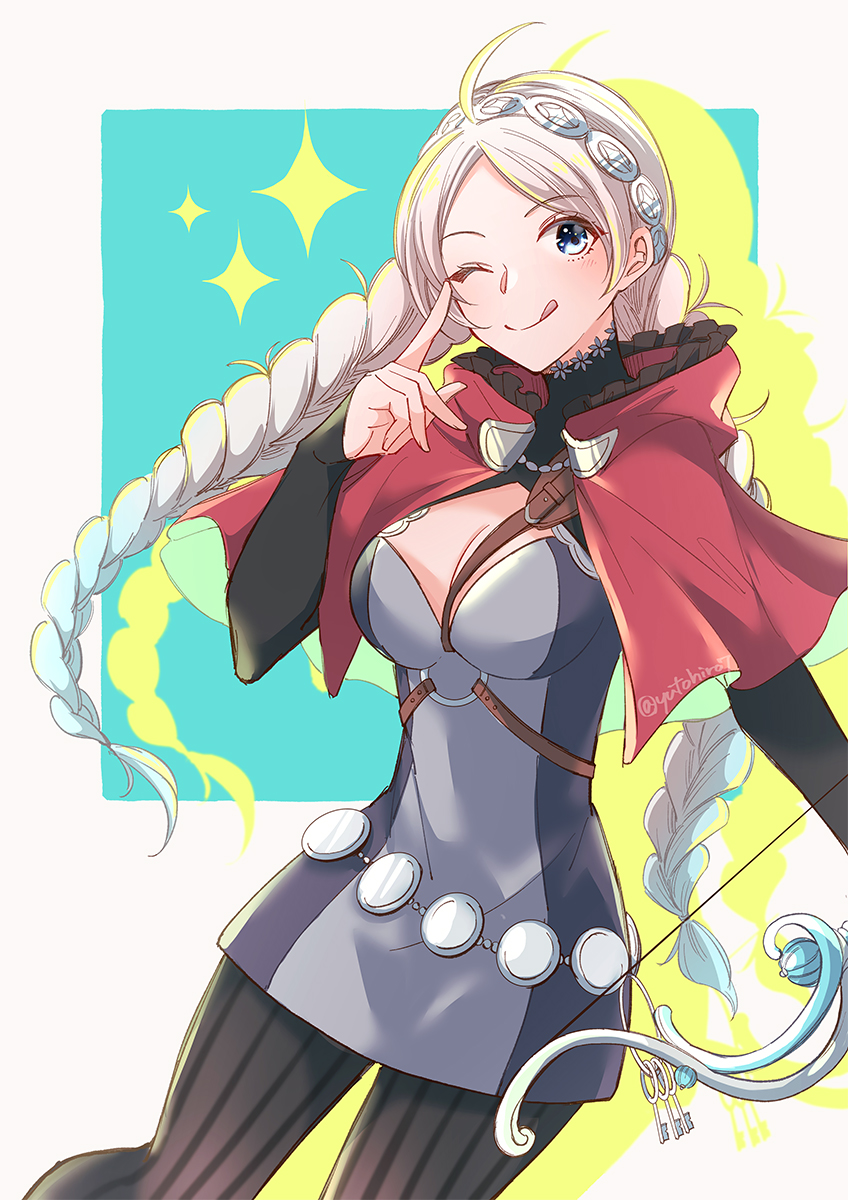 1girl ahoge belt black_bridal_gauntlets blue_eyes bow_(weapon) braid breasts capelet fire_emblem fire_emblem_fates hairband harness highres holding holding_bow_(weapon) holding_weapon hood hood_down hooded_capelet licking_lips long_hair looking_at_viewer low_twin_braids medium_breasts nina_(fire_emblem) o-ring one_eye_closed pants parted_bangs red_capelet solo striped striped_pants tongue tongue_out twin_braids upper_body vertical-striped_pants vertical_stripes weapon white_hair yutohiroya
