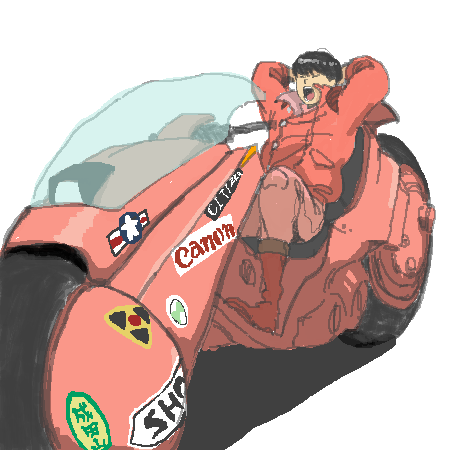 1boy akira black_hair boots closed_eyes jacket kaneda_shoutarou's_bike kaneda_shoutarou_(akira) lowres motor_vehicle motorcycle open_mouth pants red_footwear red_jacket red_pants shadow simple_background solo sticker teeth tora0820 upper_teeth_only white_background