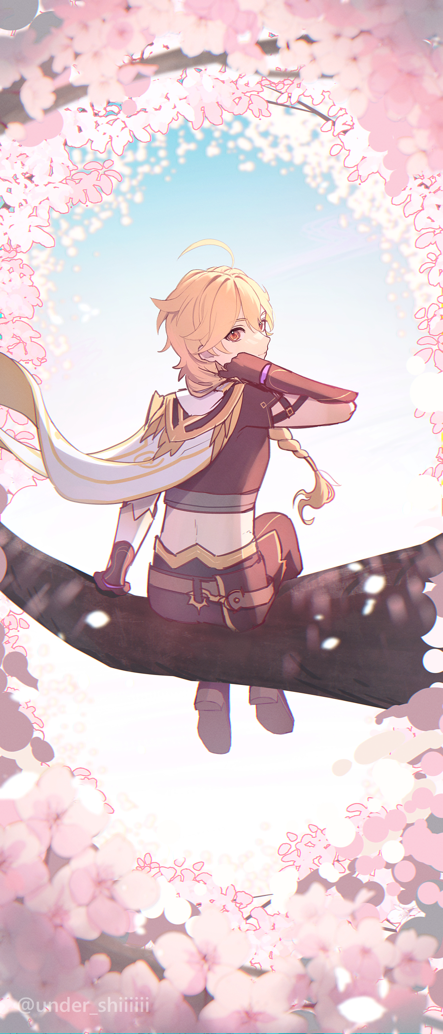 1boy aether_(genshin_impact) ahoge arm_armor artist_name back blonde_hair blue_sky boots braid branch brown_footwear brown_gloves brown_pants cherry_blossoms closed_mouth commentary_request day flower from_behind genshin_impact gloves gradient_sky hair_between_eyes hair_ornament hand_up high_heels highres long_hair looking_at_viewer looking_back male_focus orange_eyes outdoors pants petals pink_flower scarf sg_(under_siiiiii) sitting sky smile solo tree watermark white_scarf white_sky