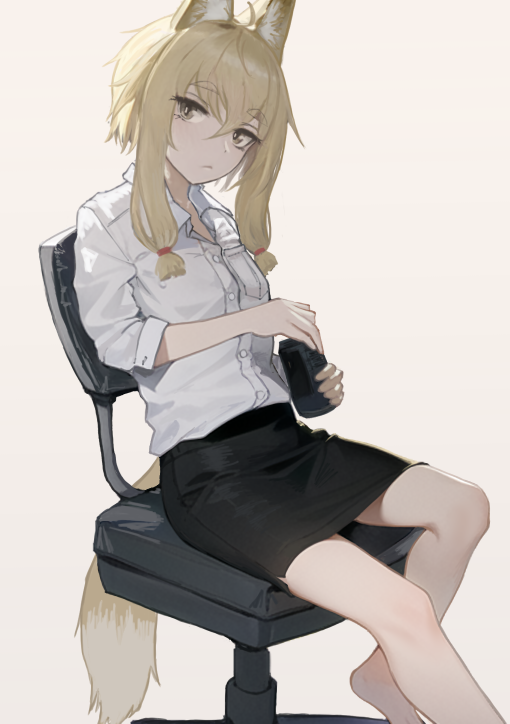 1girl animal_ear_fluff animal_ears barefoot black_skirt blonde_hair can chair collared_shirt fox_ears fox_girl fox_tail hair_between_eyes holding holding_can looking_at_viewer nito_(nshtntr) office_chair office_lady original pencil_skirt shirt short_hair_with_long_locks simple_background sitting skirt solo swivel_chair tail white_shirt