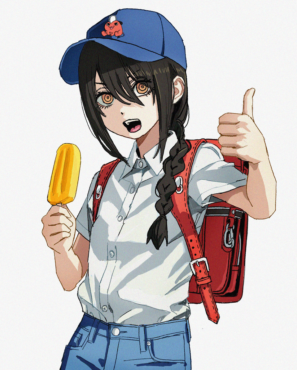 1girl backpack bag baseball_cap black_hair braid braided_ponytail chainsaw_man denim food hair_between_eyes hair_over_shoulder hat holding holding_food holding_ice_cream ice_cream ice_cream_bar looking_at_viewer nayuta_(chainsaw_man) randoseru red_bag ringed_eyes shiren_(ourboy83) shirt shirt_tucked_in sidelocks simple_background solo thumbs_up white_background white_shirt