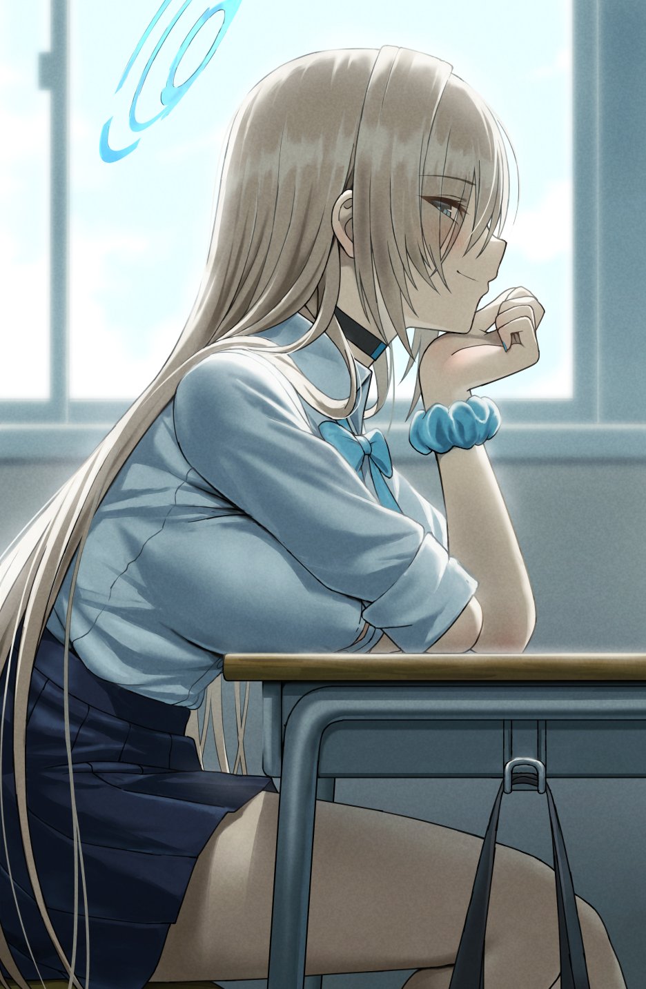 1girl arm_support asuna_(blue_archive) black_skirt blue_archive blue_eyes bow bowtie breasts collar desk fagi_(kakikaki) from_side hair_over_one_eye halo highres large_breasts long_hair looking_at_viewer official_alternate_costume pleated_skirt profile school_uniform scrunchie shirt sitting skirt smile solo wrist_scrunchie