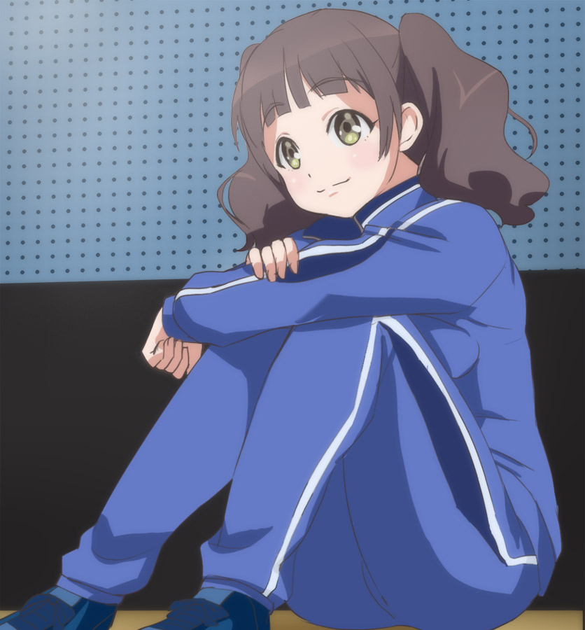 1girl breasts brown_hair closed_mouth feet_out_of_frame haruyama_kazunori long_hair morishima_otome sitting smile solo track_suit twintails wake_up_girls! yellow_eyes