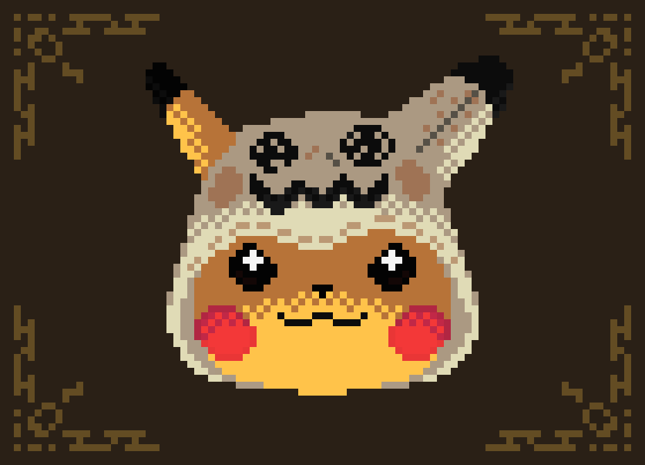 :3 animal_ears animal_hood black_eyes blush_stickers border bright_pupils brown_background brown_border closed_mouth commentary cosplay ears_through_headwear english_commentary fake_animal_ears happy hood looking_at_viewer mimikyu mimikyu_(cosplay) pikachu pixel_art pokemon pokemon_(creature) portrait simple_background smile straight-on underlighting white_pupils wisgarus