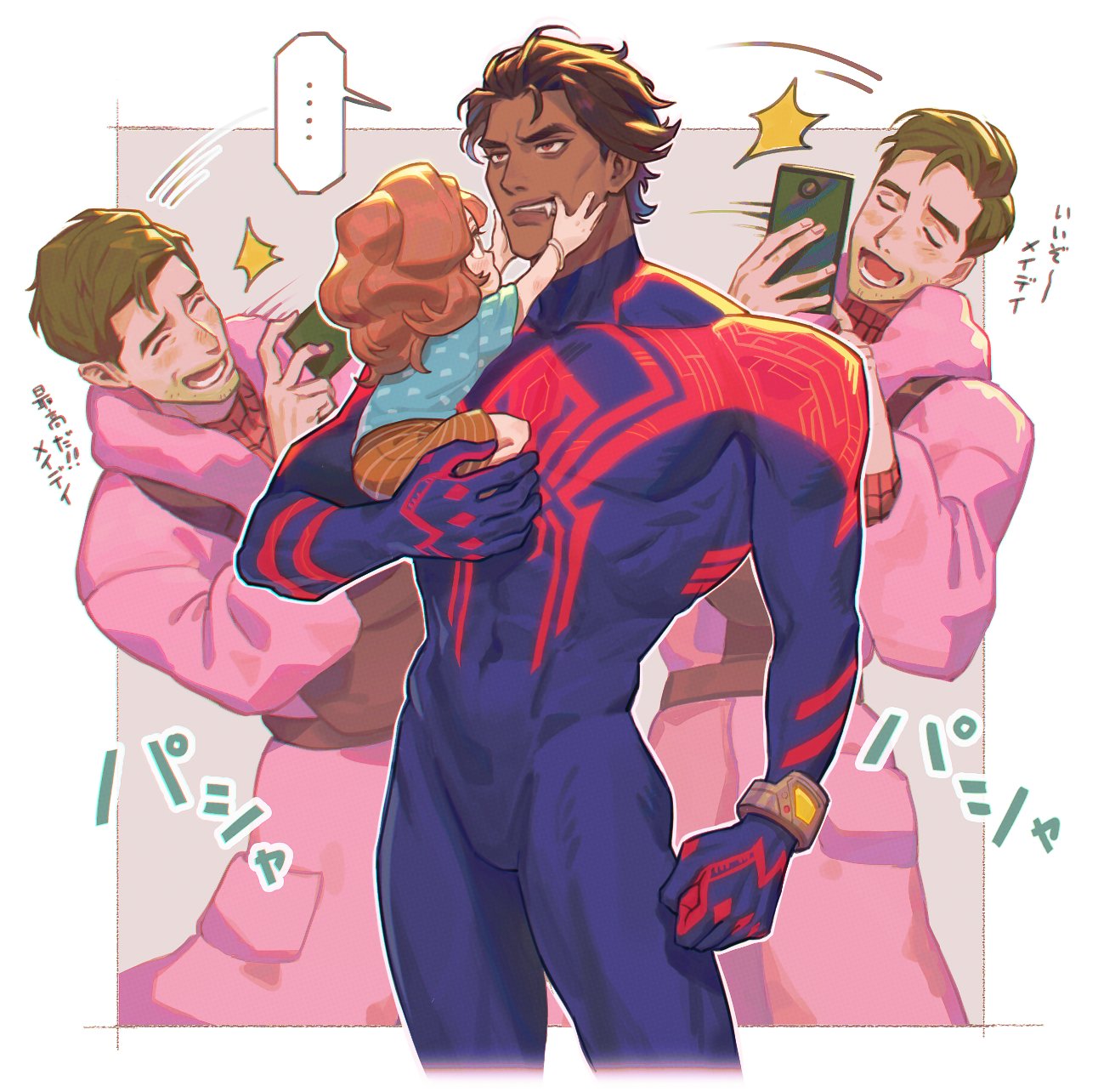 ... 1girl 2boys baby bodysuit brown_hair carrying cellphone closed_eyes coat dark-skinned_male dark_skin facial_hair fang highres holding holding_phone long_sleeves male_focus marvel mayday_parker meipu_hm miguel_o'hara multiple_boys multiple_views open_mouth peter_b_parker phone pink_coat shirt simple_background smartphone spider-man:_across_the_spider-verse spider-man_(2099) spider-man_(series) spoken_ellipsis taking_picture translation_request