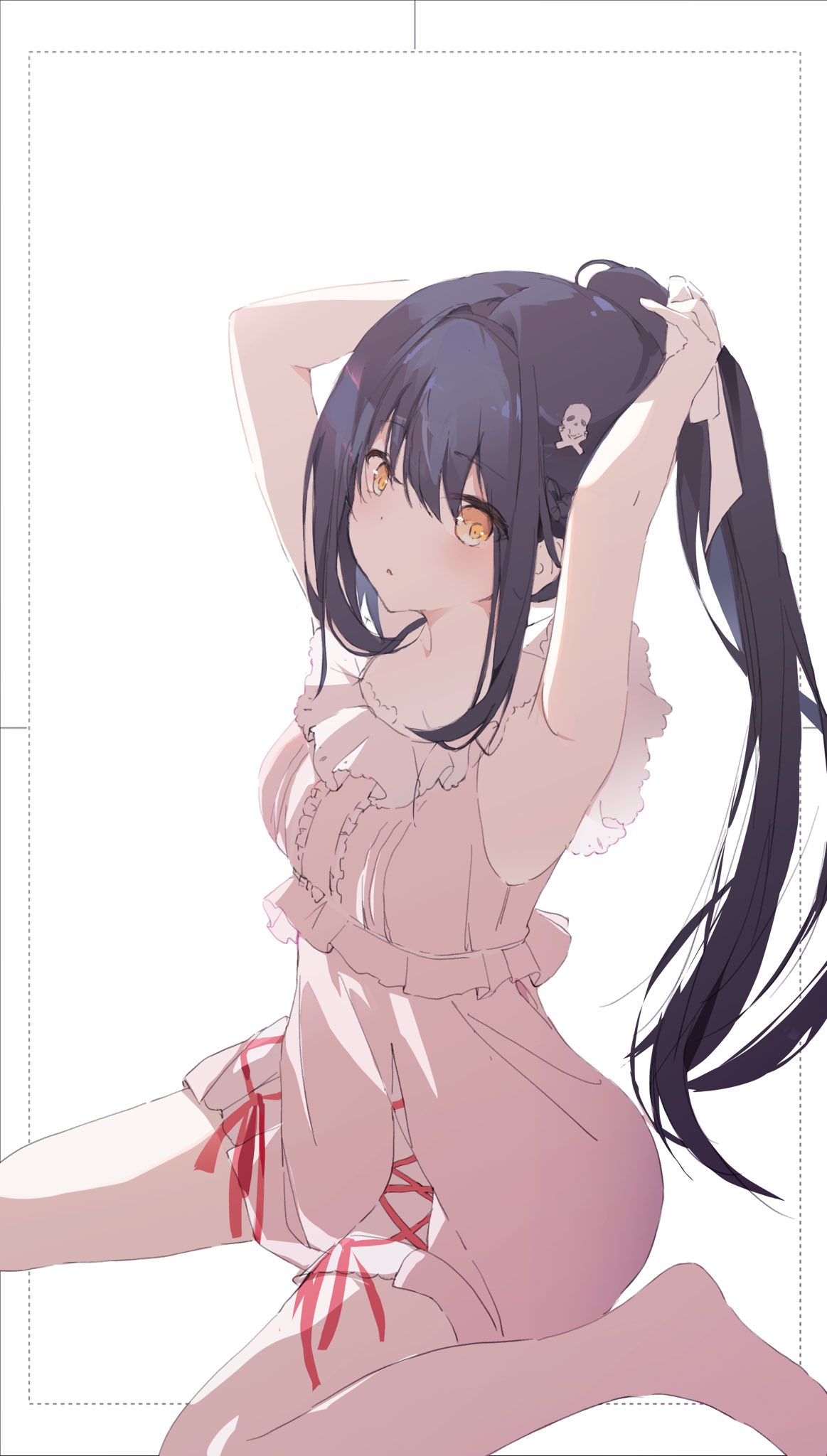 1girl armpits arms_up backlighting black_hair blush bone_hair_ornament camisole center_frills commentary_request expressionless eyes_visible_through_hair frilled_camisole frills from_side hair_between_eyes hair_ornament hairdressing highres knees_out_of_frame kushima_kamome long_hair looking_at_viewer loungewear nujii parted_lips pink_camisole ponytail red_ribbon ribbon sidelocks simple_background sitting sketch skull_and_crossbones skull_hair_ornament solo summer_pockets very_long_hair wariza white_background yellow_eyes