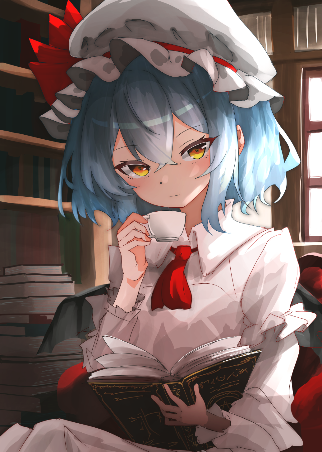 1girl ascot bat_wings blue_hair book bookshelf closed_mouth commentary crossed_bangs cup hat hat_ribbon highres holding holding_book holding_cup indoors long_sleeves looking_at_viewer mob_cap nanahana_nanana red_ascot red_eyes red_ribbon remilia_scarlet ribbon short_hair solo teacup touhou white_headwear window wings