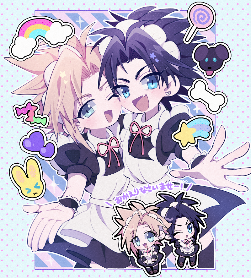 2boys apron black_hair black_thighhighs blonde_hair blue_eyes bone brown_footwear candy cheek-to-cheek chibi cloud_strife crossdressing earrings final_fantasy final_fantasy_vii food heads_together jewelry lollipop maid maid_apron maid_headdress male_focus multiple_boys neck_ribbon open_mouth outstretched_hand pastel_colors patterned_background pink_ribbon rainbow ribbon shooting_star_(symbol) short_hair silver_earrings smile star_(symbol) sticker thigh-highs ttnoooo zack_fair