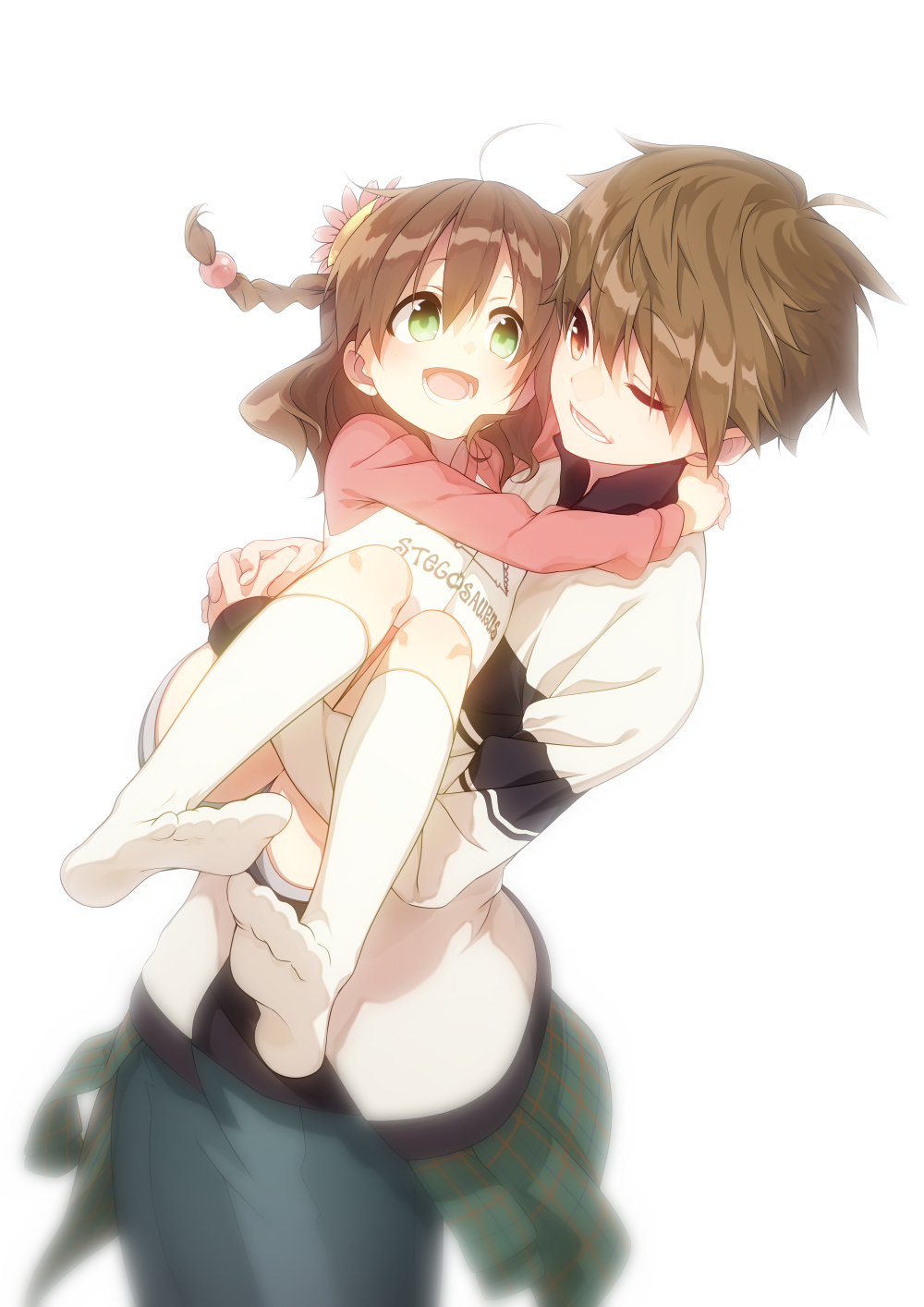 1boy 1girl :d age_difference ahoge arms_around_neck blurry_edges blush braid brown_hair carrying casual clothes_writing commentary cowboy_shot eye_contact eyelashes feet female_child floating_hair flower full_body green_eyes hair_between_eyes hair_flower hair_ornament happy highres hug interlocked_fingers kanbe_kotori knees_up legs looking_at_another lower_teeth_only medium_hair midori_(mido0021) no_shoes one_eye_closed open_mouth own_hands_together pink_flower pink_shirt princess_carry rewrite shirt short_hair simple_background smile socks soles spiky_hair standing sweater teeth toes twin_braids wavy_hair white_background white_socks white_sweater