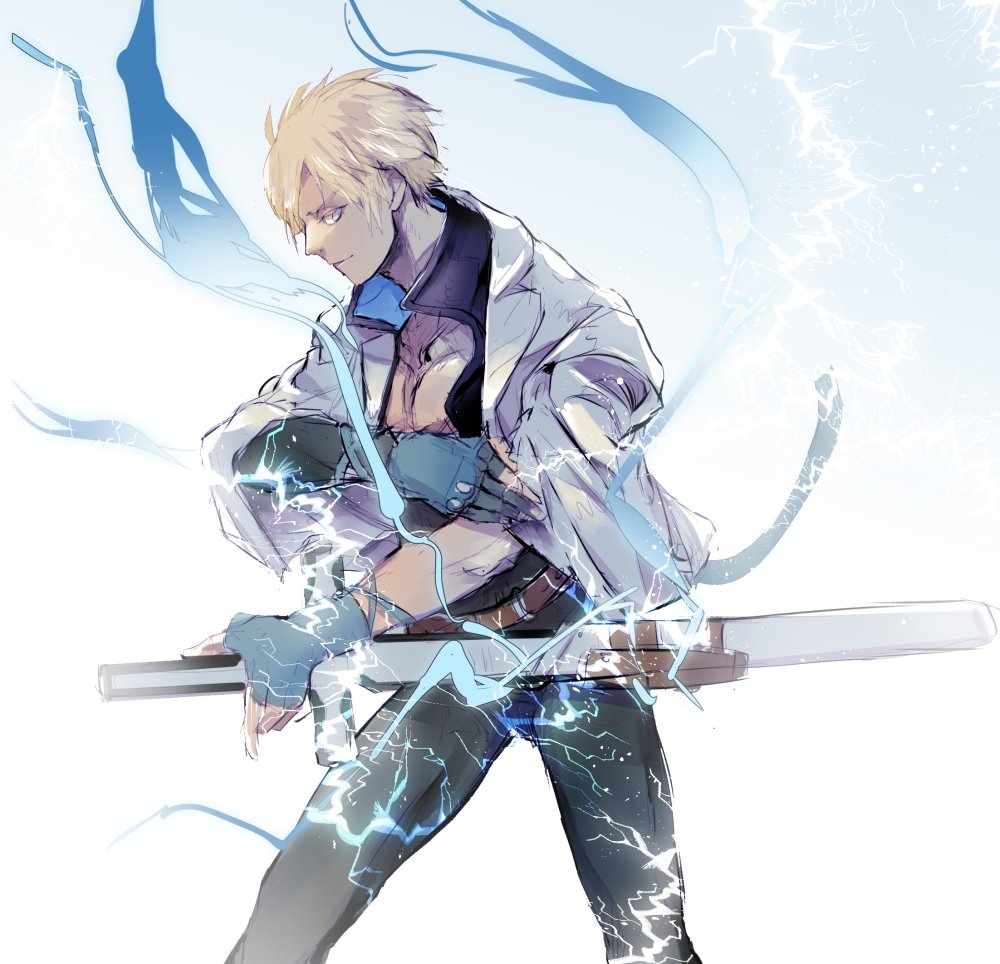 1boy abs belt black_pants black_shirt blonde_hair blue_eyes blue_gloves brown_belt collared_jacket collared_shirt commentary drawing_sword fingerless_gloves gloves guilty_gear guilty_gear_strive hand_on_own_arm holding holding_sword holding_weapon jacket ky_kiske lightning long_sleeves looking_down open_clothes open_shirt pants ranko_no_ane sheath shirt short_hair sword v-shaped_eyebrows weapon white_jacket wide_sleeves