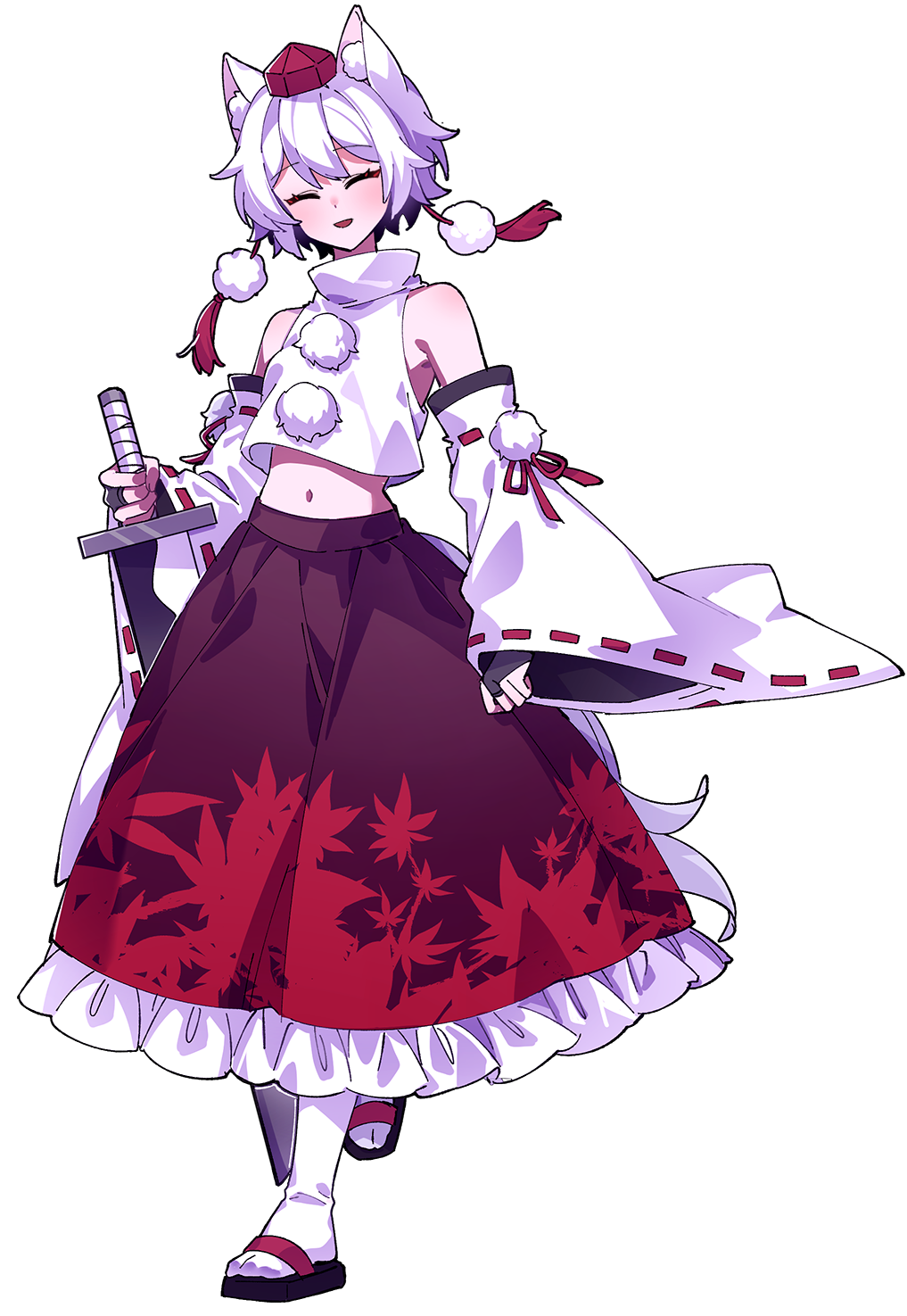 1girl animal_ear_fluff animal_ears bare_shoulders black_skirt closed_mouth frilled_skirt frills full_body hat highres holding holding_sword holding_weapon inubashiri_momiji kinamielise midriff navel open_mouth pom_pom_(clothes) ribbon-trimmed_sleeves ribbon_trim sandals shirt short_hair simple_background skirt smile socks solo standing stomach sword tachi-e tail tokin_hat touhou weapon white_background white_shirt white_sleeves white_socks wolf_ears wolf_girl wolf_tail