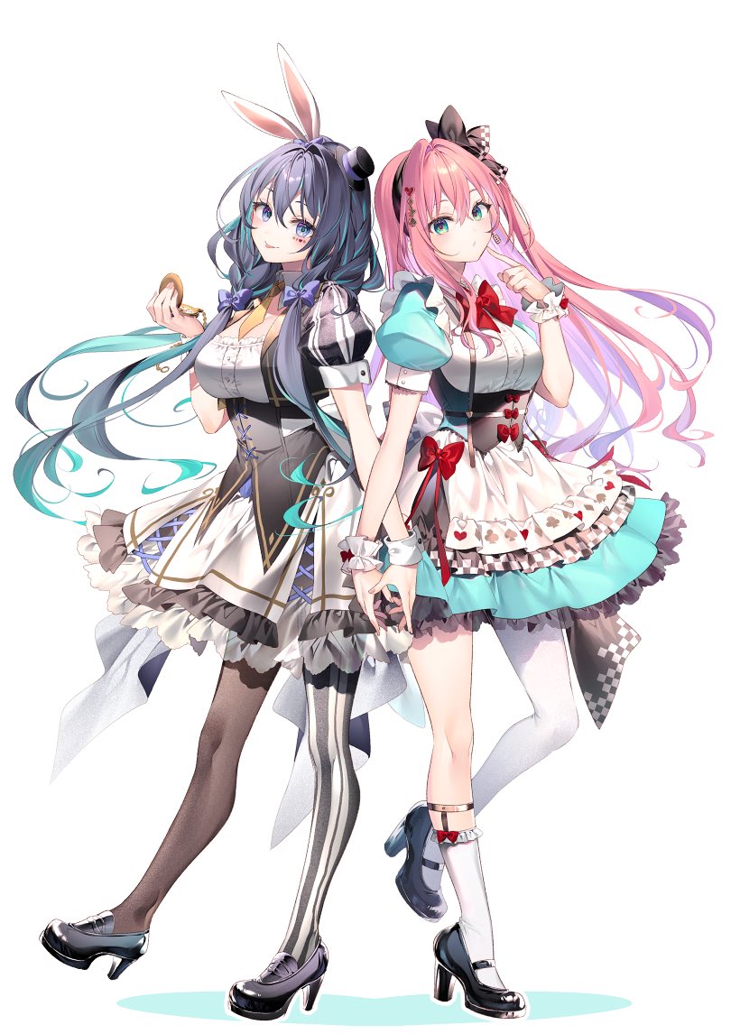 2girls alice_in_wonderland animal_ears apron aqua_eyes aqua_hair arm_up black_bow black_footwear black_hair black_headwear black_pantyhose bow bowtie breasts chestnut_mouth closed_mouth collar cosplay cross-laced_clothes earrings facial_tattoo fake_animal_ears floating_hair frilled_socks frills green_skirt hair_between_eyes hair_bow hair_ornament hairband hand_mirror hat holding holding_mirror jewelry long_hair looking_at_viewer low_twintails luanastia_fluegel mary_janes medium_breasts mirror multicolored_eyes multicolored_hair multiple_girls necktie open_mouth original pantyhose pink_hair pointing pointing_at_self puffy_short_sleeves puffy_sleeves purple_bow rabbit_ears red_bow red_bowtie rianastia_flugel riichu scrunchie shoes short_sleeves side_ponytail simple_background single_leg_pantyhose single_sock skirt smile socks solo standing standing_on_one_leg striped striped_pantyhose tattoo tongue tongue_out twintails vertical-striped_pantyhose vertical_stripes very_long_hair white_apron white_background white_collar white_hairband white_pantyhose white_scrunchie white_skirt white_socks wrist_cuffs wrist_scrunchie yellow_necktie