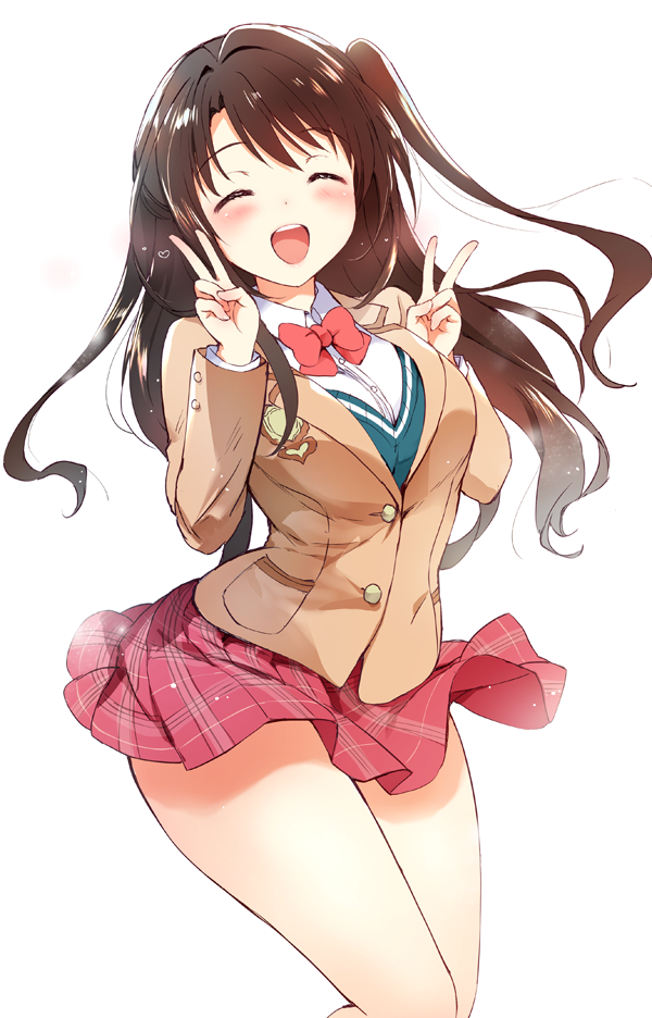 1girl ^_^ akina_tsukako blush bow bowtie breasts brown_hair brown_jacket closed_eyes dot_nose double_v emblem green_sweater_vest hair_bow hands_up idolmaster idolmaster_cinderella_girls idolmaster_cinderella_girls_starlight_stage jacket long_hair long_sleeves medium_breasts one_side_up open_mouth pink_skirt plaid plaid_skirt pleated_skirt red_bow red_bowtie school_uniform shimamura_uzuki shirt simple_background skirt smile solo standing sweater_vest teeth upper_teeth_only v white_background white_shirt