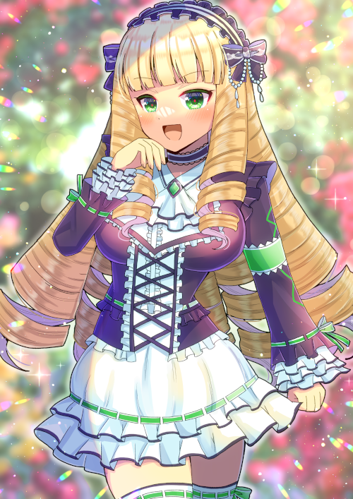 1girl :d ascot black_bow black_dress blonde_hair blurry blurry_background bow breasts center_frills character_request collared_dress commentary_request commission depth_of_field dress drill_hair frilled_dress frilled_hairband frilled_sleeves frills green_eyes hairband hand_up kou_hiyoyo large_breasts long_hair phantasy_star phantasy_star_online_2 ribbon-trimmed_legwear ribbon_trim skeb_commission sleeves_past_wrists smile solo standing thigh-highs very_long_hair white_ascot white_dress white_hairband white_thighhighs