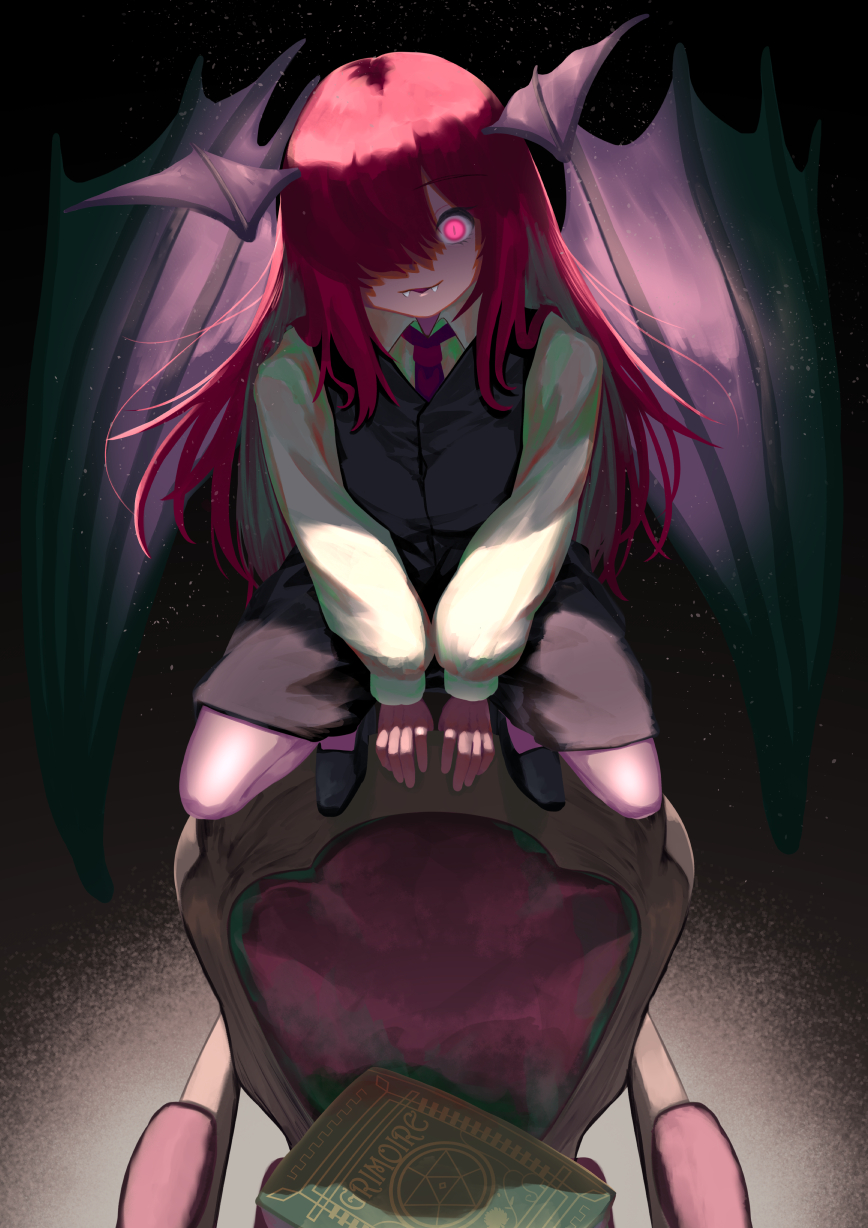 1girl bat_wings black_shorts black_vest book chair dark_background fangs fangs_out from_above full_body glowing glowing_eye gradient_background grey_background grimoire hair_over_one_eye head_tilt head_wings highres kiyonetto koakuma light_particles long_sleeves looking_at_viewer necktie no_socks parted_lips pink_eyes puffy_long_sleeves puffy_sleeves red_necktie shorts simple_background slit_pupils solo squatting straight-on touhou v_arms vest wide-eyed wing_collar wings you_gonna_get_raped