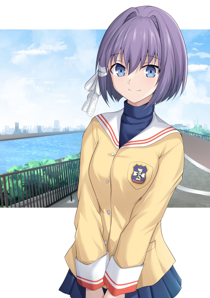 1girl blue_eyes blue_sky building bush character_request city clannad clouds cloudy_sky cross_(crossryou) fence highres hikarizaka_private_high_school_uniform looking_at_viewer medium_hair purple_hair river road school_uniform sky smile solo street white_background