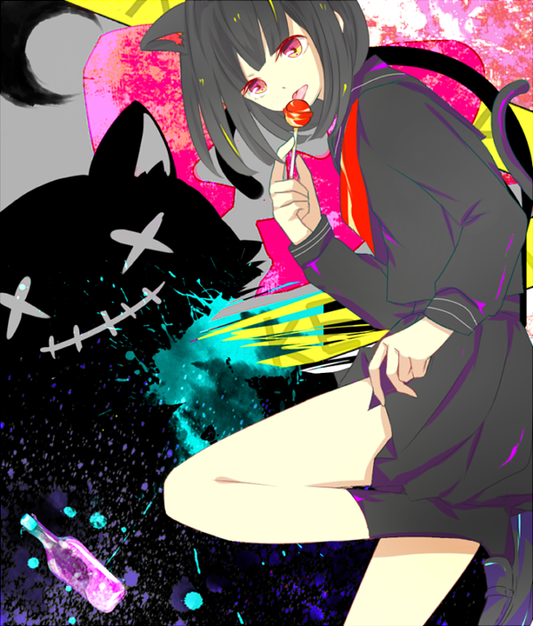 1girl animal animal_ears animal_hands artist_request black_hair black_serafuku black_skirt blunt_bangs blush brown_eyes candy cat cat_ears cat_girl cat_tail caution_tape chat_noir_(module) commentary_request envy_cat_walk_(vocaloid) food gloves holding keep_out lollipop long_hair looking_at_viewer lying non-web_source on_side paw_gloves pleated_skirt project_diva_(series) school_uniform serafuku single_glove skirt solo tail tongue tongue_out vocaloid