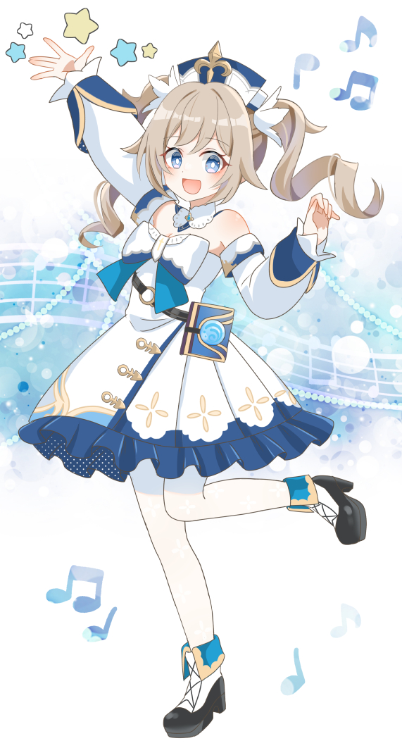 1girl barbara_(genshin_impact) blonde_hair blue_eyes blush book_holster bow detached_sleeves dress dress_bow drill_hair genshin_impact musical_note open_mouth pantyhose smile solo standing standing_on_one_leg twin_drills twintails vision_(genshin_impact) white_bow white_dress white_pantyhose ying1hua1