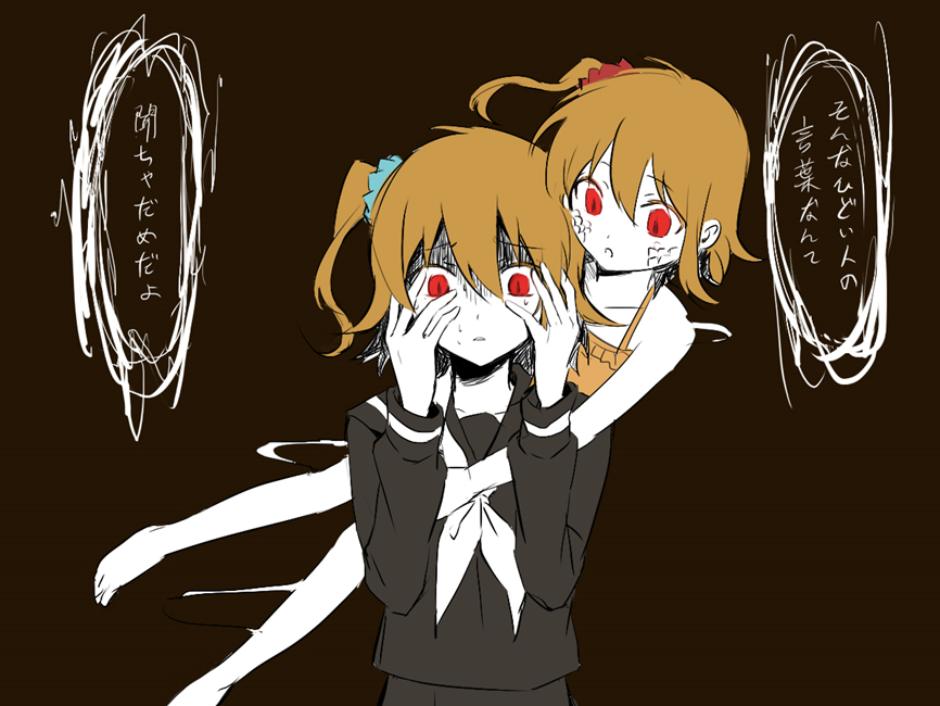 2girls :o aaniko aqua_scrunchie bare_arms bare_legs bare_shoulders black_sailor_collar black_serafuku black_skirt brown_background camisole collarbone commentary depressed dual_persona full_body hair_between_eyes hair_ornament hair_scrunchie hand_on_another's_chest hands_up kagerou_project kisaragi_momo long_sleeves looking_at_another looking_down multiple_girls neckerchief orange_camisole pale_skin parted_lips red_eyes red_scrunchie sailor_collar scales school_uniform scribble scrunchie serafuku shaded_face short_hair side_ponytail simple_background single_stripe sketch skirt sleeve_cuffs slit_pupils striped translated white_neckerchief white_stripes