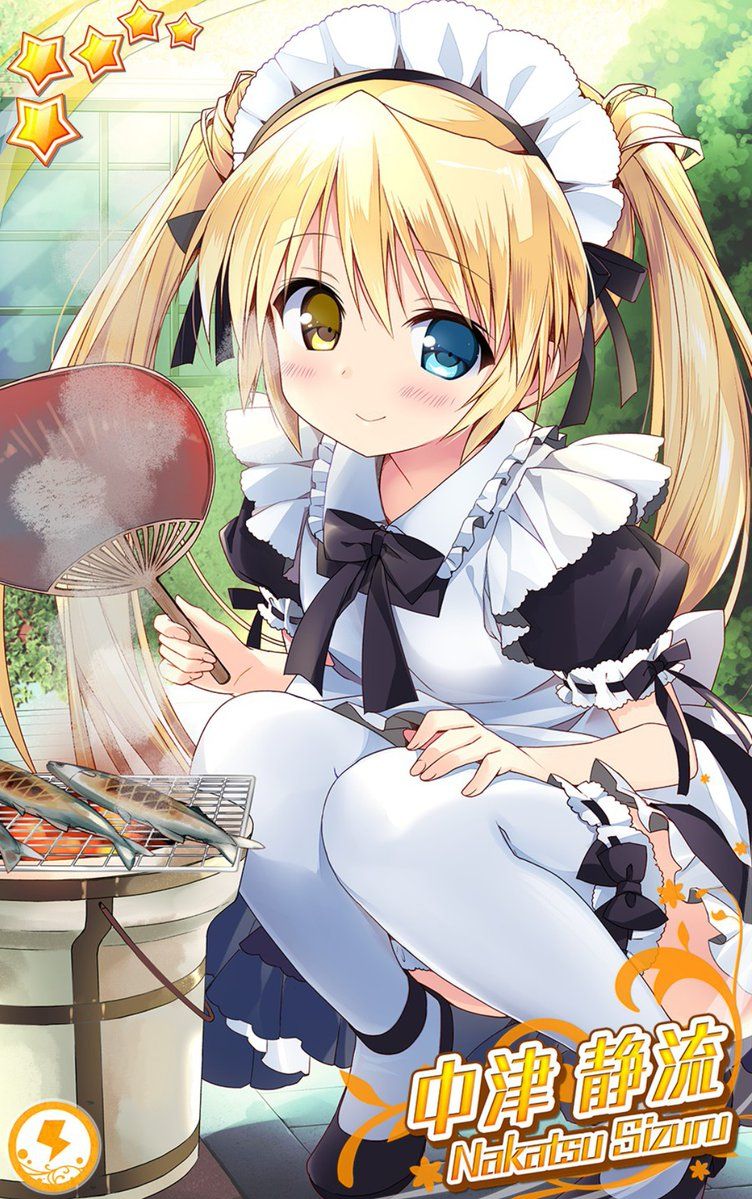 1girl alternate_costume apron black_bow black_dress black_footwear black_ribbon blonde_hair blue_eyes blush bow breasts character_name closed_mouth cooking day dress enmaided fingernails fish frilled_apron frilled_dress frilled_sleeves frilled_thighhighs frills full_body garden grilling hair_ribbon hand_fan hand_on_own_knee heterochromia holding holding_fan kneeling knees_together_feet_apart long_hair looking_at_viewer maid maid_apron maid_headdress nagayama_yuunon nakatsu_shizuru official_art outdoors puffy_short_sleeves puffy_sleeves rewrite ribbon ribbon-trimmed_sleeves ribbon-trimmed_thighhighs ribbon_trim short_sleeves small_breasts smile solo star_(symbol) steam thigh-highs tiptoes twintails white_apron white_thighhighs yellow_eyes