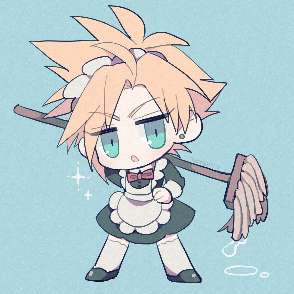 1boy apron black_footwear blonde_hair blue_background bow bowtie chibi cloud_strife crossdressing dripping earrings expressionless final_fantasy final_fantasy_vii green_eyes hand_on_own_hip holding holding_mop jewelry light_blue_background maid maid_apron maid_headdress male_focus mop open_mouth red_bow red_bowtie short_hair sparkle spiky_hair stud_earring thigh-highs ttnoooo white_thighhighs