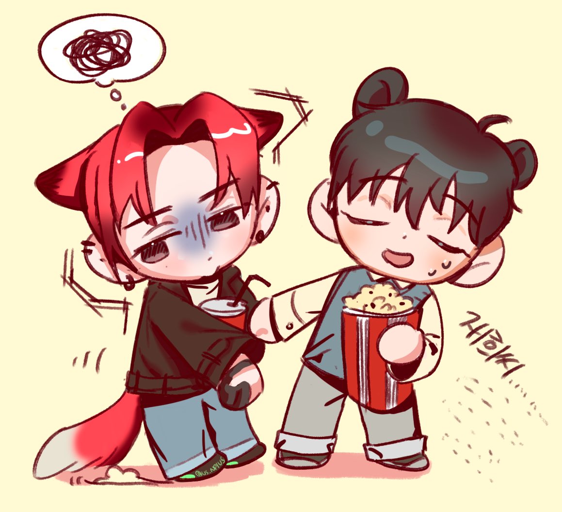 2boys animal_ears black_hair black_jacket chibi closed_eyes clothes_grab commentary_request cup disposable_cup eoduun_badaui_deungbul-i_doeeo food fox_boy fox_ears fox_tail full_body jacket kemonomimi_mode kim_jaehee korean_commentary korean_text long_sleeves male_focus multiple_boys open_mouth pants park_moo-hyun popcorn redhead short_hair simple_background sleeve_grab smile squiggle standing sweat tail thought_bubble translation_request turn_pale us_npius yellow_background