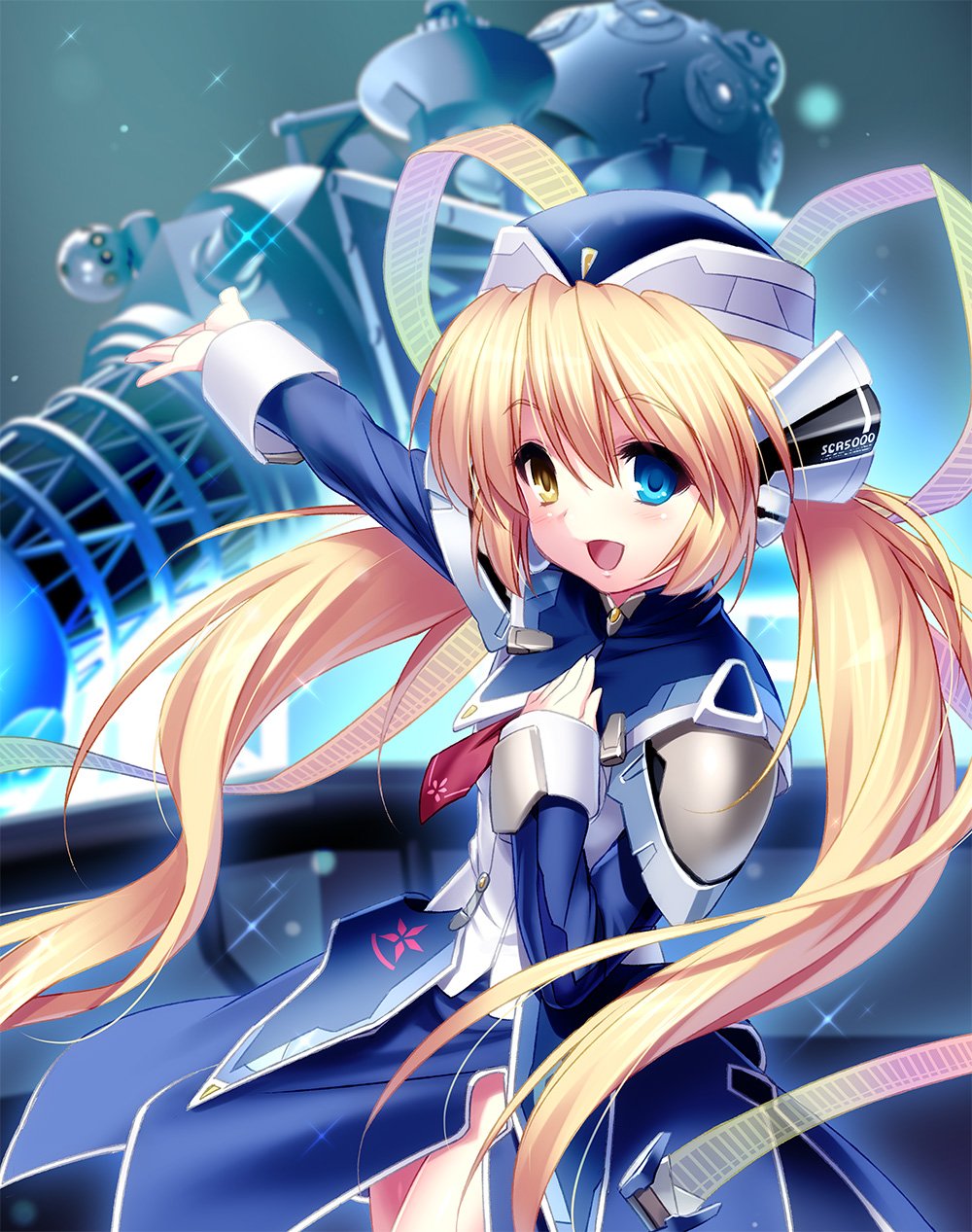 1girl :d arm_up blonde_hair blue_background blue_dress blue_eyes blue_headwear blurry blurry_background blush commentary_request company_connection cosplay costume_request cowboy_shot dress eyelashes floating_hair floral_print hair_between_eyes hair_ribbon hand_up highres hoshino_yumemi hoshino_yumemi_(cosplay) key_(company) long_hair long_sleeves looking_at_viewer nakatsu_shizuru necktie open_hand open_mouth outstretched_arm planetarian planetarium red_necktie rewrite ribbon short_necktie simple_background smile solo sparkle standing suzuki_keiko twintails very_long_hair voice_actor_connection yellow_eyes zen_(kamuro)