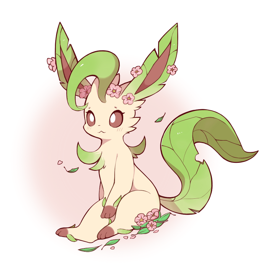 flower leaf leafeon liteee looking_at_viewer no_humans pink_flower pokemon pokemon_(creature) simple_background sitting solo white_background