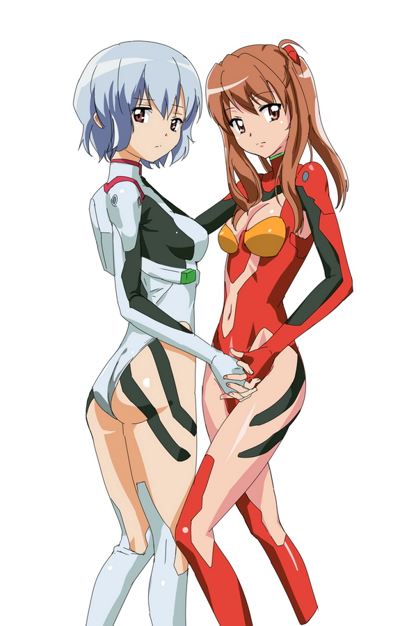 ass ayanami_rei blue_eyes blue_hair brown_hair fingerless_gloves gloves hand_holding holding_hands lips lipstick long_hair makacoon multiple_girls neon_genesis_evangelion plugsuit red_eyes shikinami_asuka_langley short_hair souryuu_asuka_langley