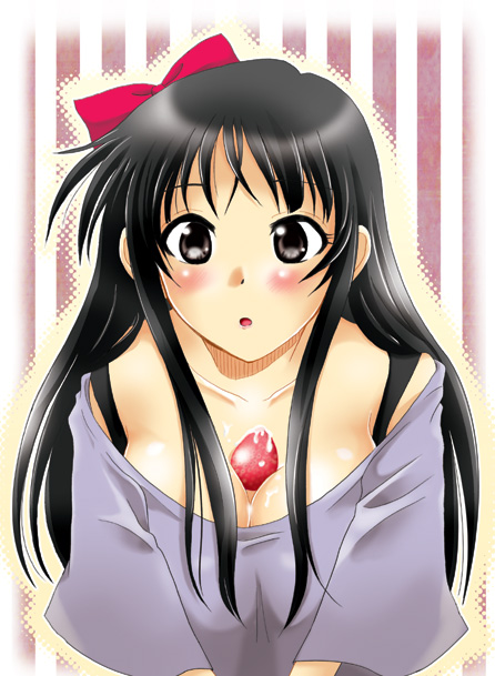 akiyama_mio between_breasts black_eyes black_hair blush bow breasts casual cleavage hair_bow icing k-on! large_breasts listen!! long_hair lowres solo strawberry umi_(artist)