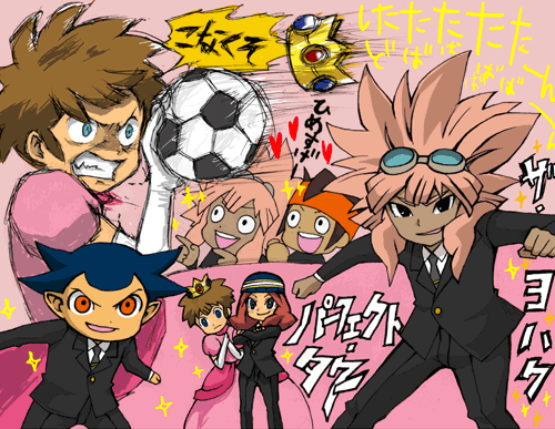 crossdressinging crown endou_mamoru funny goggles inazuma_eleven pink_hair princess_peach soccer_ball tachimukai_yuuki tsunami_jousuke tuxedo zaizen_touko