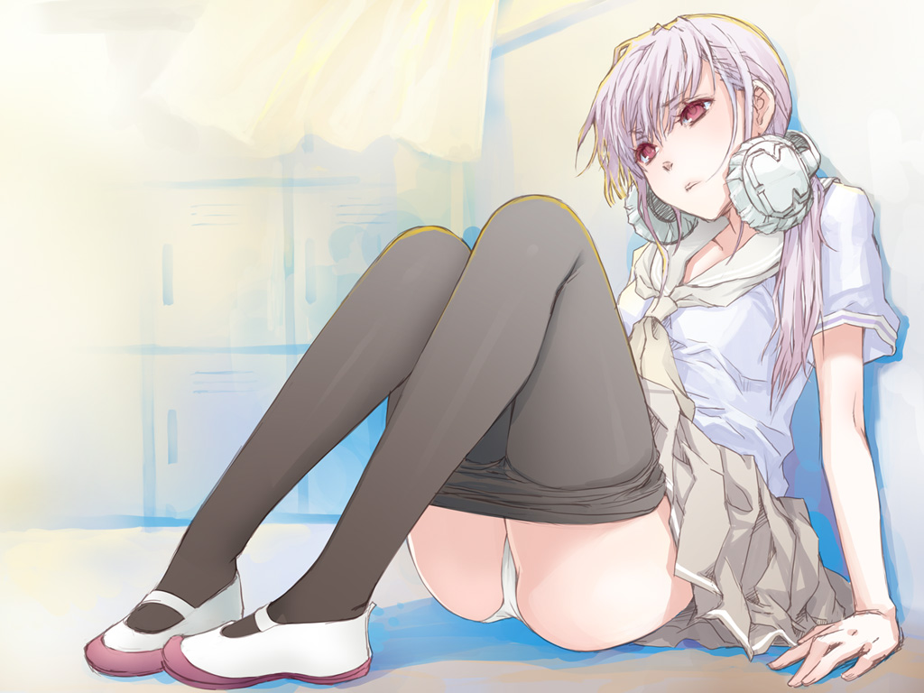 headphones headphones_around_neck legs original panties pantyhose pantyhose_pull pantyshot red_eyes school_uniform serafuku shoes sitting underwear uwabaki white_hair white_panties