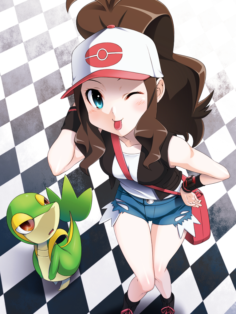 1girl bag baseball_cap blue_eyes boots brown_hair c-gear checkered curly_hair cutoffs denim denim_shorts hand_on_hip hat legs long_hair pokemon pokemon_(creature) pokemon_(game) pokemon_black_and_white pokemon_bw ponytail purse shorts snivy tank_top thighs tongue touko_(pokemon) vest watch wink wristband wristwatch yagitori