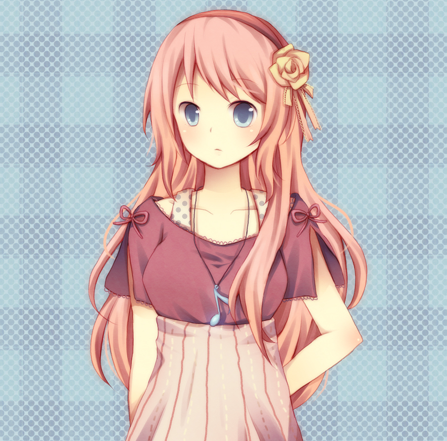 alternate_costume blue_eyes casual contemporary fiute flower glowing hair_flower hair_ornament hairband jewelry long_hair megurine_luka musical_note necklace pendant pink_hair polka_dot polka_dot_background solo vocaloid