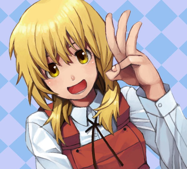 checkered checkered_background drawr face goe hidamari_sketch miyako school_uniform smile solo yellow_eyes