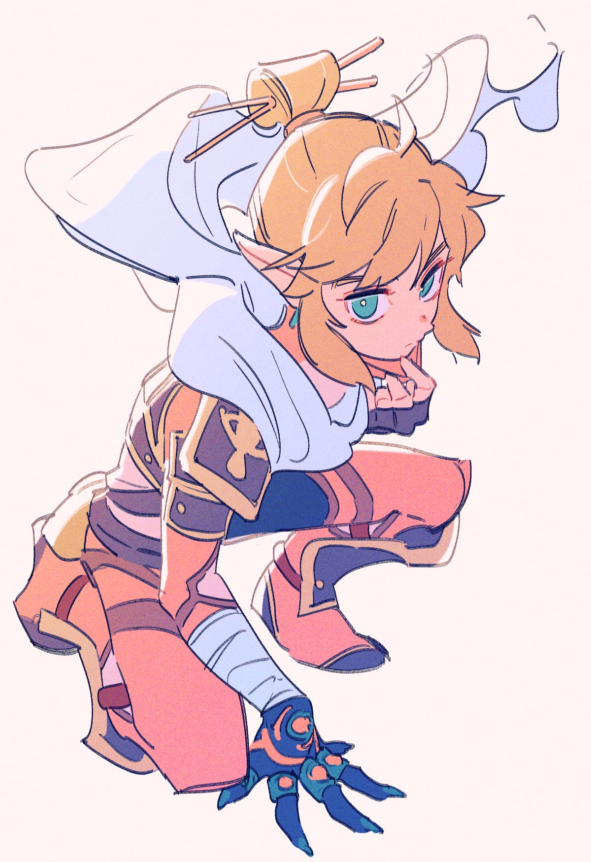 1boy arm_support blonde_hair boots bright_pupils closed_mouth earrings floating_scarf full_body gloves green_eyes hair_ornament hair_stick half_updo hand_up highres jewelry link male_focus oharu-chan orange_footwear pointy_ears scarf sidelocks simple_background solo squatting the_legend_of_zelda thigh_boots white_background white_pupils white_scarf