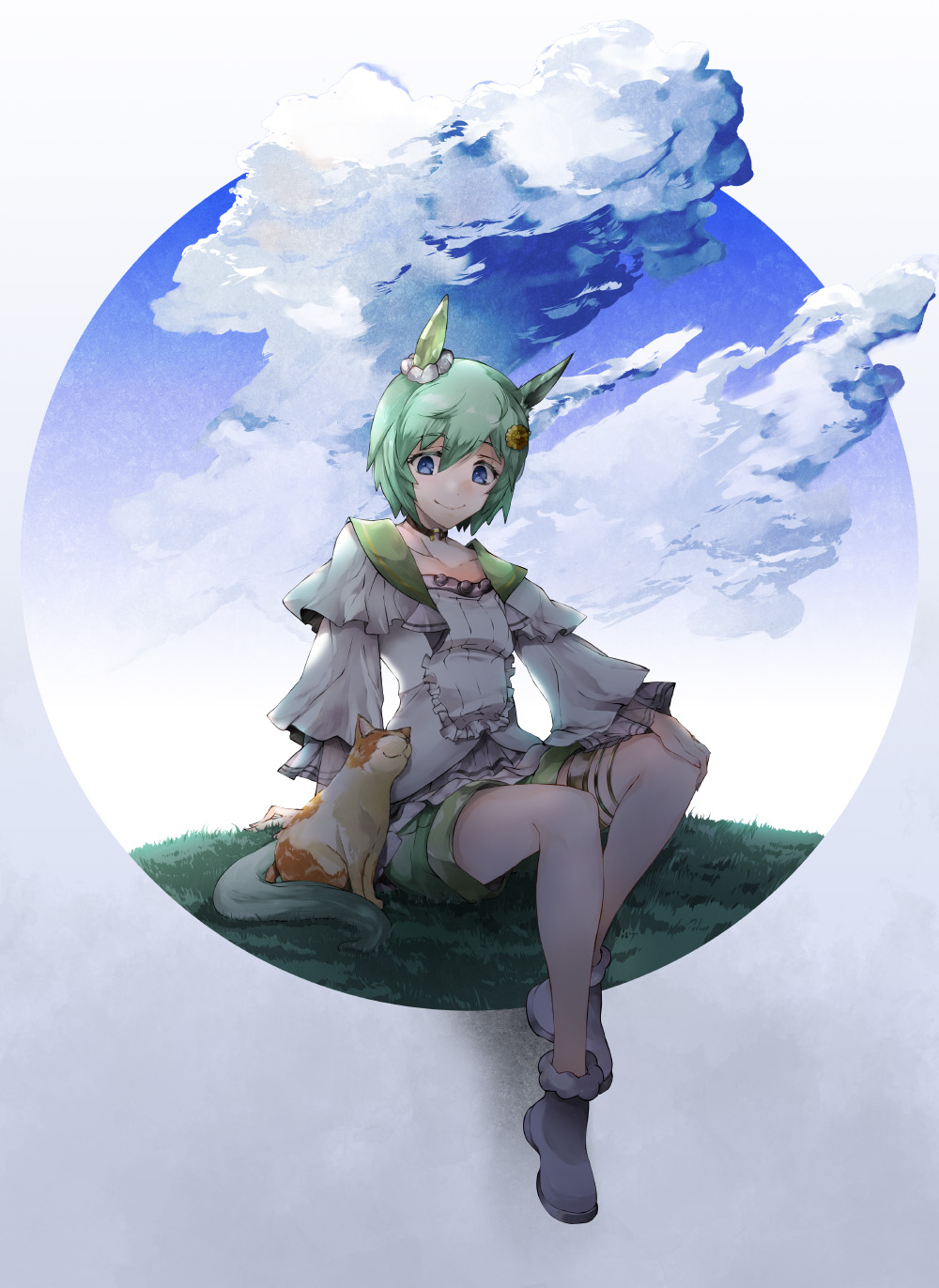 1girl animal_ears blue_eyes blue_sky boots closed_mouth clouds cloudy_sky commentary_request dress ear_covers frilled_dress frills fur-trimmed_footwear green_hair highres horse_ears horse_girl long_sleeves on_grass on_ground outdoors seiun_sky_(umamusume) short_hair shorts single_ear_cover sitting sky smile solo thigh_strap umamusume white_dress white_footwear white_shorts yumemitsuki_(hagakure)