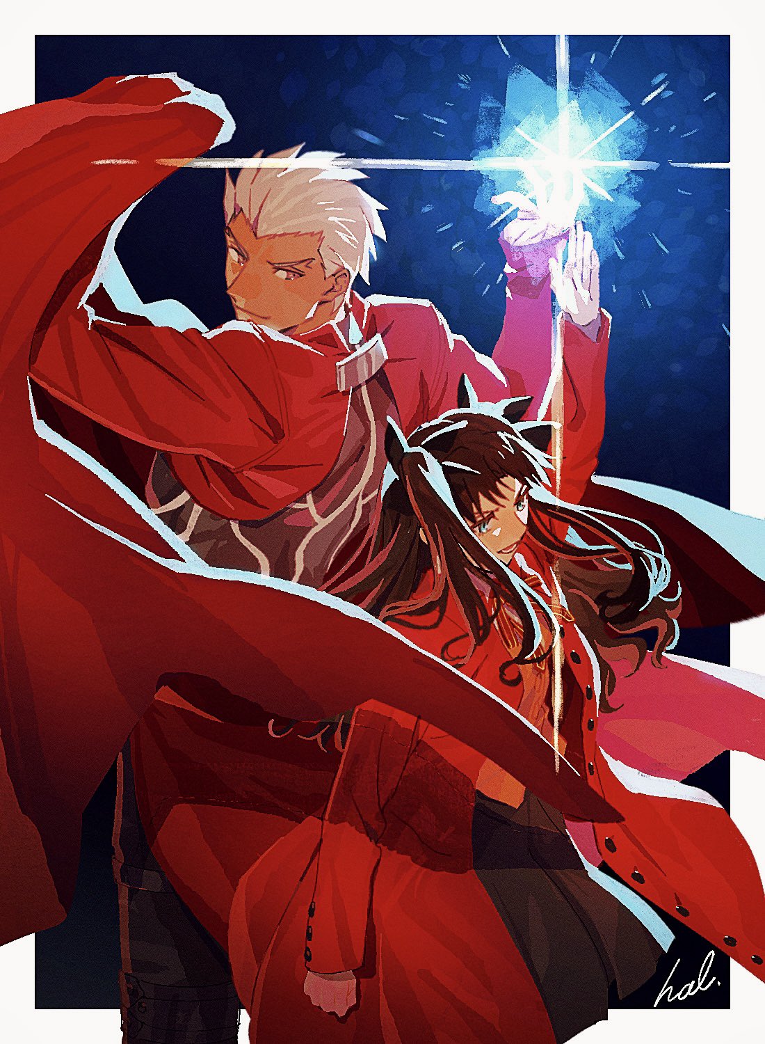 1boy 1girl archer_(fate) black_hair black_skirt coat fate/stay_night fate_(series) from_above hair_ribbon hal_(haaaalhal) highres long_coat long_hair long_sleeves looking_back open_clothes open_coat red_coat ribbon short_hair shrug_(clothing) signature skirt smile tohsaka_rin twintails two_side_up white_hair