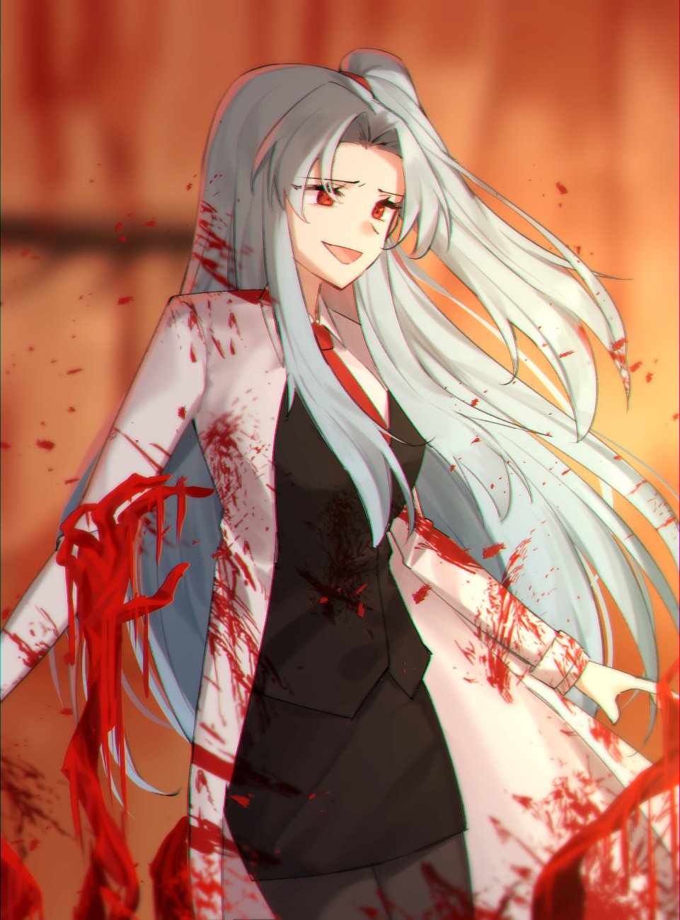 1girl angela_(project_moon) black_skirt black_vest blood blood_on_clothes bloodbath_(project_moon) coat collared_shirt e.g.o_(project_moon) highres lab_coat library_of_ruina lobotomy_corporation long_sleeves looking_to_the_side love_mintchoco necktie open_mouth parted_bangs project_moon red_necktie shirt sidelocks skirt smile solo vest white_coat