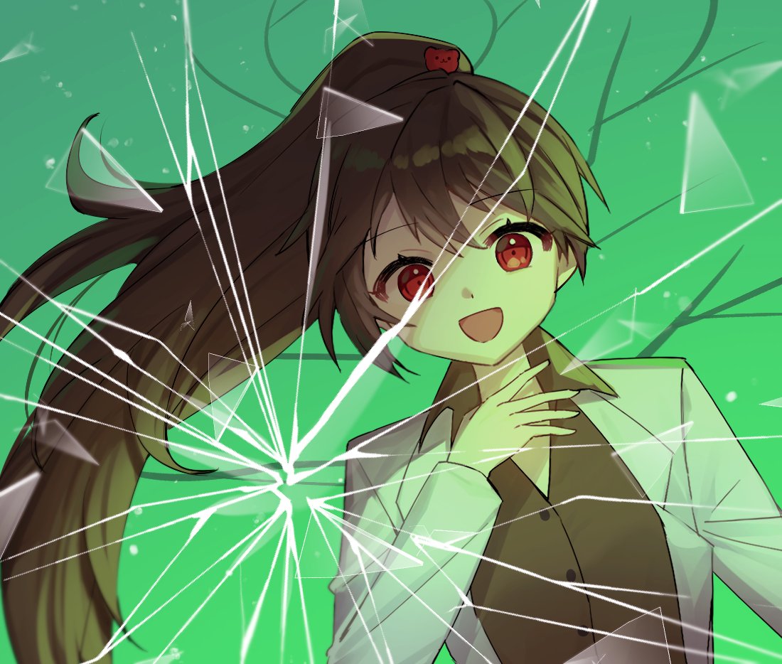 1girl bear_hair_ornament broken_glass brown_hair carmen_(project_moon) coat collared_shirt glass green_background green_shirt hair_ornament high_ponytail lab_coat lobotomy_corporation long_hair long_sleeves looking_at_viewer love_mintchoco open_mouth project_moon red_eyes shirt sidelocks smile solo upper_body very_long_hair white_coat wing_collar