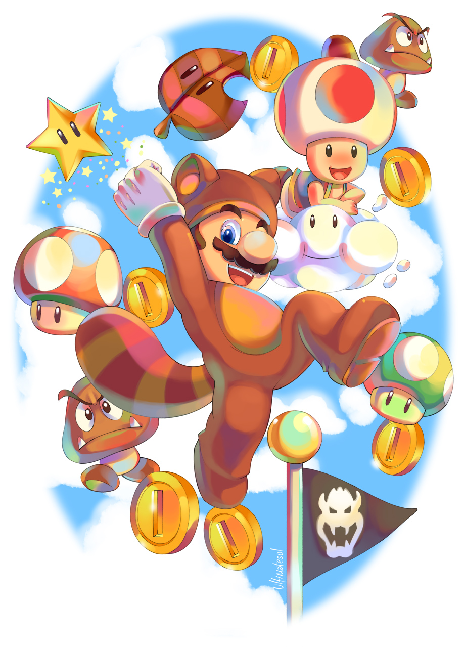 1-up_mushroom 2boys :d animal_costume animal_ears arm_up artist_name blue_eyes blue_sky bowser_logo brown_hair closed_mouth clouds coin commentary day english_commentary facial_hair flag flagpole frown gloves goomba highres jumping looking_at_viewer male_focus multiple_boys mustache on_cloud open_mouth pennant raccoon_costume raccoon_ears raccoon_tail red_toad_(mario) short_hair sky smile super_leaf super_mario_3d_land super_mario_bros. super_mushroom super_star_(mario) tail tanuki_mario teeth toad_(mario) tongue tusks ultimatesol upper_teeth_only v-shaped_eyebrows white_background white_gloves
