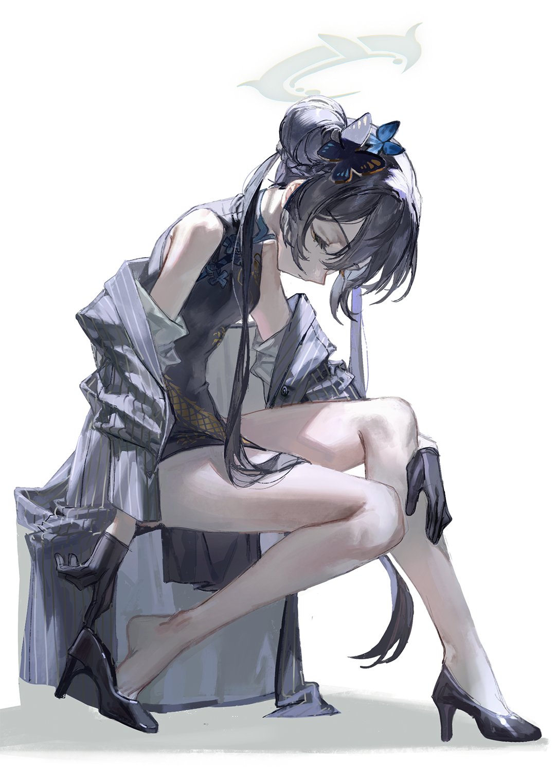 1girl barefoot black_hair blue_archive breasts butterfly_hair_ornament chair china_dress chinese_clothes closed_mouth dress globe hair_ornament halo high_heels highres kisaki_(blue_archive) loli long_hair navel quasarcake ribbon simple_background small_breasts thighs twintails white_background
