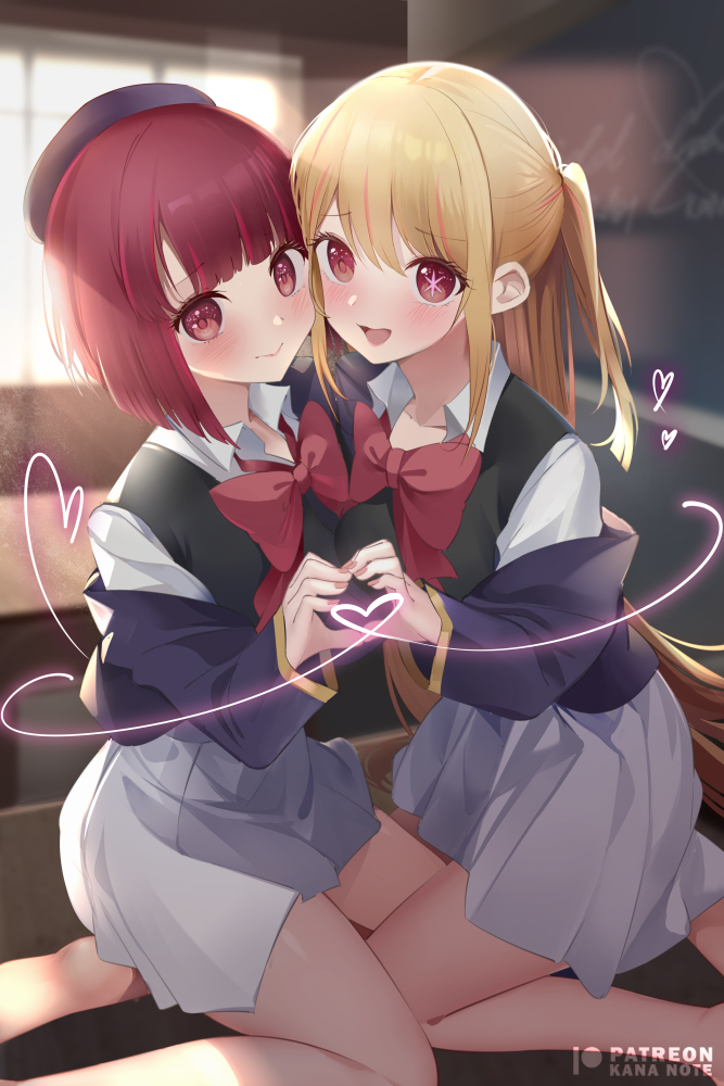 2girls arima_kana backlighting beret black_vest blonde_hair blue_headwear blue_jacket blurry blurry_background blush bob_cut bow bowtie breast_press classroom closed_mouth collarbone collared_shirt commentary desk english_commentary feet_out_of_frame grey_skirt hat heart heart_hands heart_hands_duo hoshino_ruby indoors inverted_bob jacket jacket_partially_removed kneeling long_hair long_sleeves looking_at_viewer medium_hair mismatched_pupils mixed-language_commentary mujinbensin multiple_girls off_shoulder on_desk one_side_up open_mouth oshi_no_ko patreon_username pleated_skirt red_bow red_bowtie red_eyes redhead school_desk school_uniform shirt skirt smile star-shaped_pupils star_(symbol) symbol-shaped_pupils symmetrical_docking vest white_shirt window youtou_high_school_uniform yuri