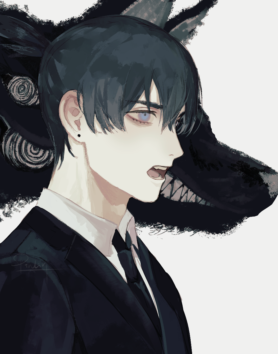 1boy black_hair black_jacket black_necktie blue_eyes chainsaw_man collared_shirt earrings extra_eyes formal fox_devil_(chainsaw_man) hayakawa_aki highres jacket jewelry limited_palette looking_to_the_side male_focus melanism necktie pinlin ringed_eyes sharp_teeth shirt short_hair simple_background stud_earrings suit suit_jacket teeth topknot white_background white_shirt