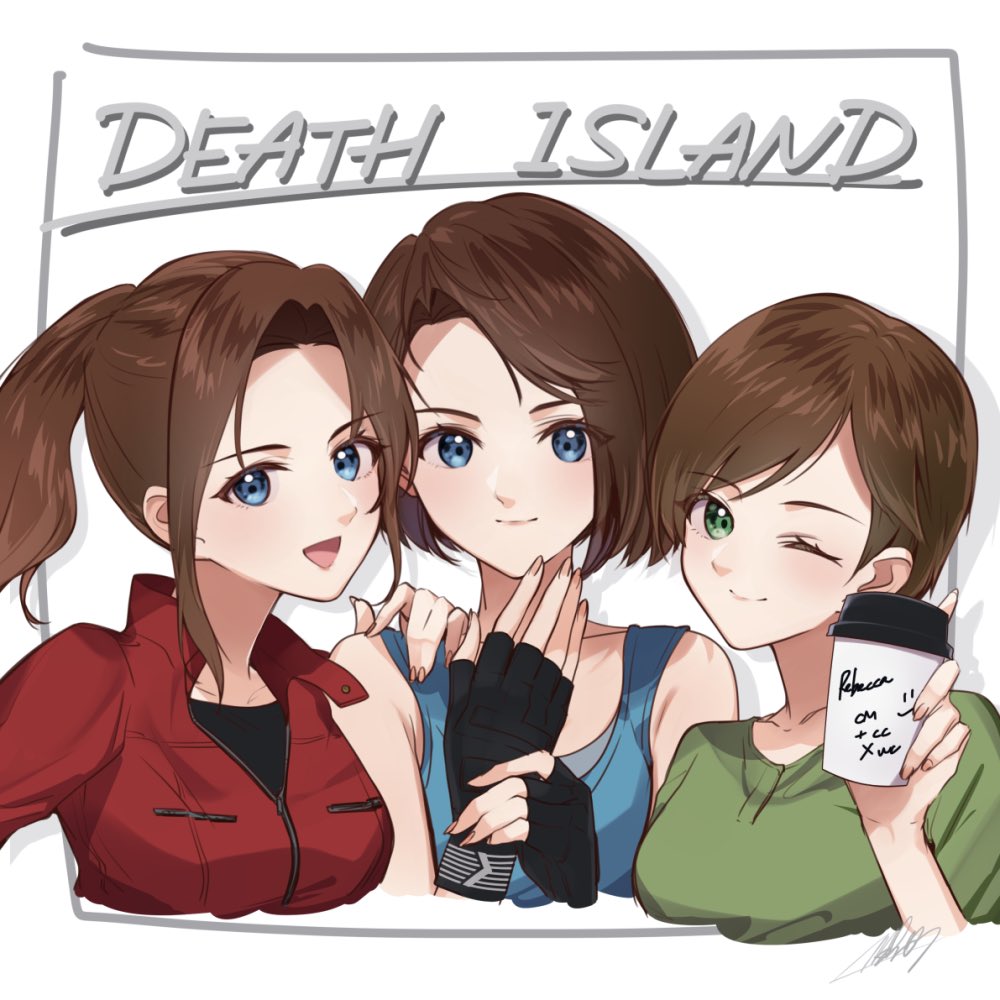 3girls :d black_thighhighs blue_eyes blue_tank_top brown_hair claire_redfield closed_mouth collarbone cup english_text fingerless_gloves gloves green_shirt green_sleeves hand_on_another's_shoulder holding holding_cup jacket jill_valentine looking_at_viewer mar0maru medium_hair multiple_girls one_eye_closed open_hand open_mouth parted_bangs rebecca_bluegarden red_jacket red_sleeves resident_evil resident_evil:_death_island shirt short_hair simple_background smile tank_top thigh-highs upper_body white_background