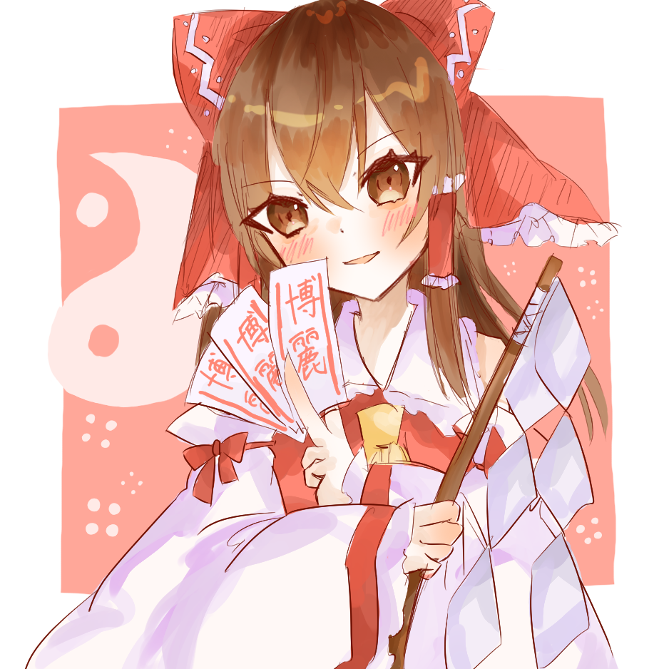 1girl ascot between_fingers bow brown_eyes brown_hair detached_sleeves frilled_bow frilled_hair_tubes frills gohei hair_bow hair_tubes hakurei_reimu head_tilt holding holding_gohei momono_moka red_background red_bow red_shirt shirt simple_background solo touhou upper_body wide_sleeves yellow_ascot yin_yang