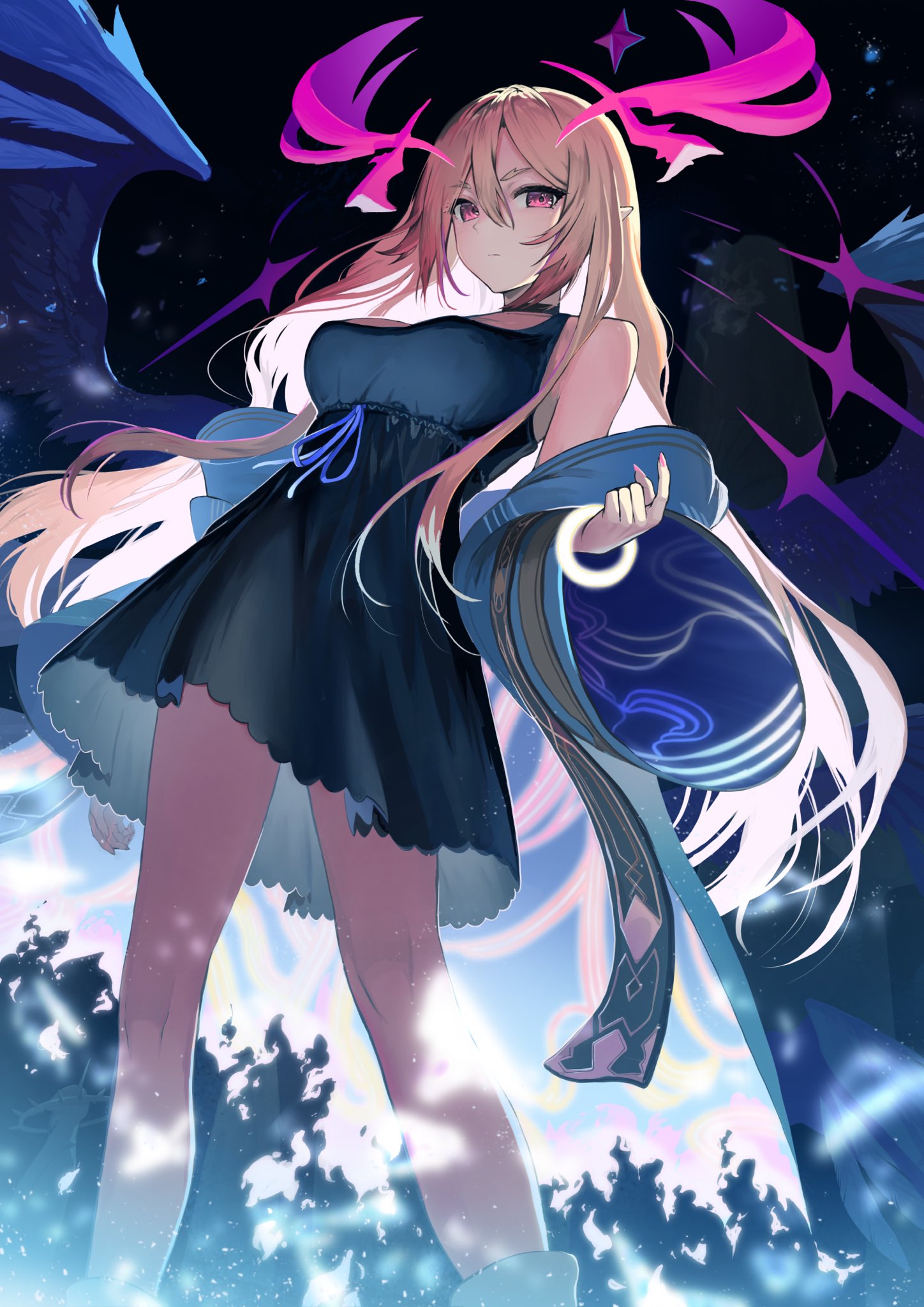 1girl angel_wings bare_legs black_dress black_wings blonde_hair blue_bow blue_kimono bow breasts closed_mouth collar dress glowing glowing_clothes glowing_lines hair_between_eyes hair_flowing_over hair_over_shoulder halo hand_up highres jacket japanese_clothes jewelry kimono long_hair long_sleeves looking_at_viewer lucifer_(monster_strike) monster_strike multiple_wings night night_sky off_shoulder official_alternate_costume open_clothes open_jacket pi_(p77777778) prism purple_halo purple_wings ribbon ring seraph sky solo standing star_(sky) starry_sky violet_eyes wavy_hair wings