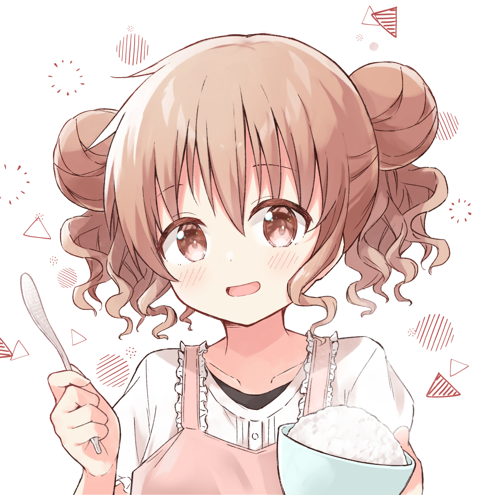 1girl apron bowl brown_eyes commentary_request commission double_bun frilled_apron frills hair_between_eyes hair_bun hidamari_sketch hiro_(hidamari_sketch) holding holding_bowl holding_spoon light_blush light_brown_hair looking_at_viewer medium_hair open_mouth pink_apron pink_shirt pixiv_commission portrait rice_bowl shirt simple_background smile solo spoon urushi_(2634334) white_background