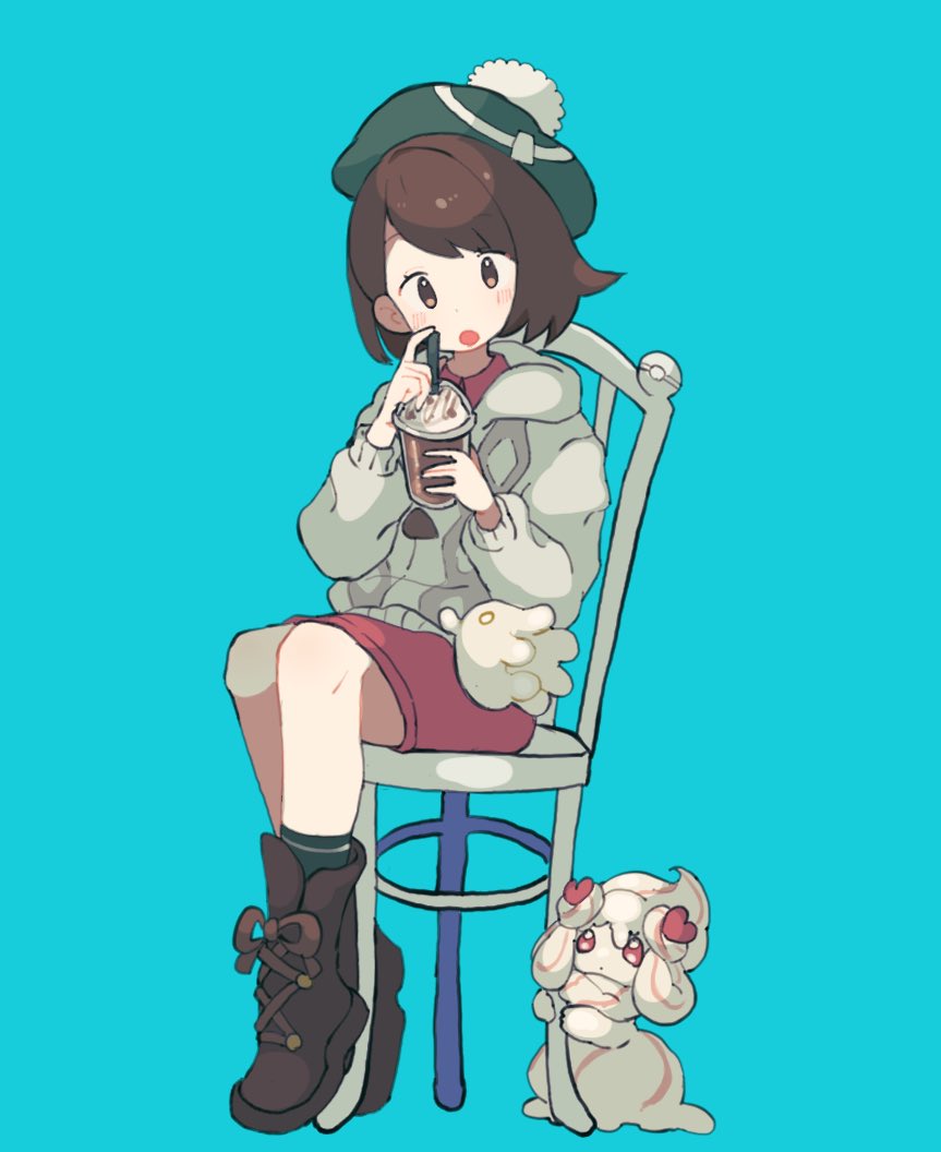 1girl :o alcremie alcremie_(strawberry_sweet) blush bob_cut boots brown_eyes brown_footwear brown_hair buttons cable_knit cardigan chair commentary_request cup donguri_big dress evolutionary_line gloria_(pokemon) green_background green_headwear green_socks grey_cardigan hat holding holding_cup hooded_cardigan milcery open_mouth pink_dress pokemon pokemon_(creature) pokemon_(game) pokemon_swsh short_hair sitting socks tam_o'_shanter